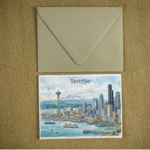 Seattle Washington Aquarel Kunst Reis Skyline Briefkaart