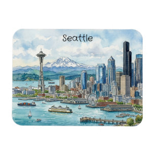 Seattle Washington Aquarel Kunst Reis Skyline Magneet