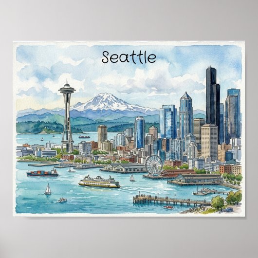 Seattle Washington Aquarel Kunst Reis Skyline Poster (Voorkant)