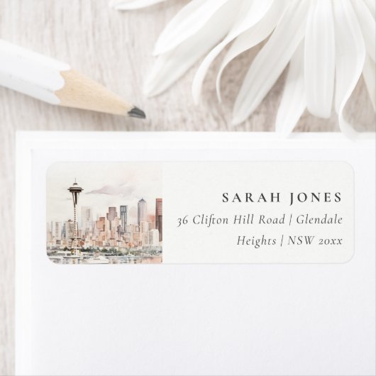 Seattle, Washington Aquarel Landschap Adres Etiket (Insitu)