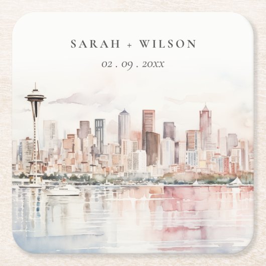 Seattle, Washington Aquarel Landschap Bruiloft Kartonnen Onderzetters (Voorkant)