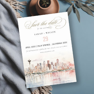 Seattle, Washington Aquarel Landschap Bruiloft Save The Date