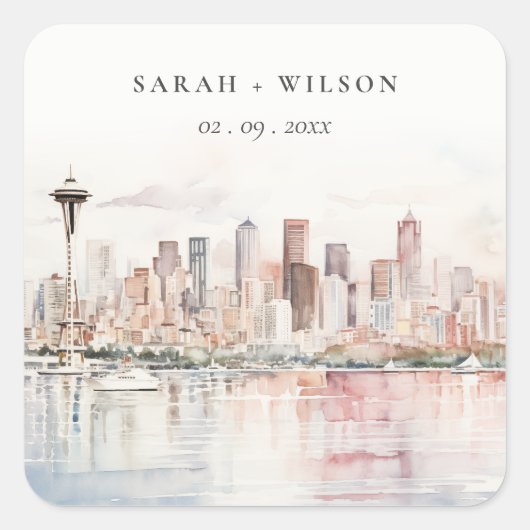 Seattle, Washington Aquarel Landschap Bruiloft Vierkante Sticker (Voorkant)