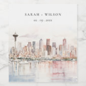 Seattle, Washington Aquarel Landschap Bruiloft Wijn Etiket (Enkel label)