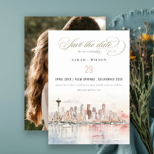 Seattle Washington Aquarel Landschap Huwelijksfoto Save The Date