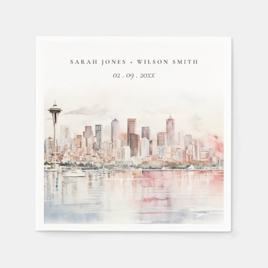 Seattle, Washington Aquarellandschap Bruiloft Servet (Voorkant)
