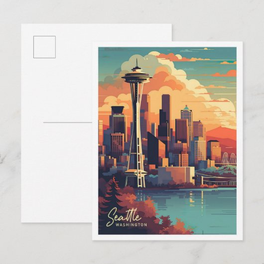 Seattle Washington Art Vintage Travel Illustratie Briefkaart (Voorkant / Achterkant)