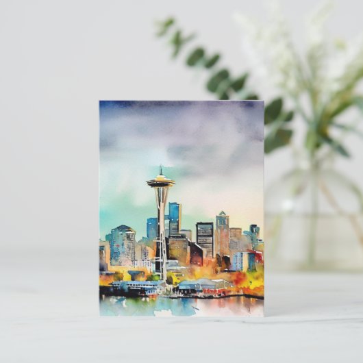 Seattle Washington City Skyline waterverf Briefkaart (Staand voorkant)