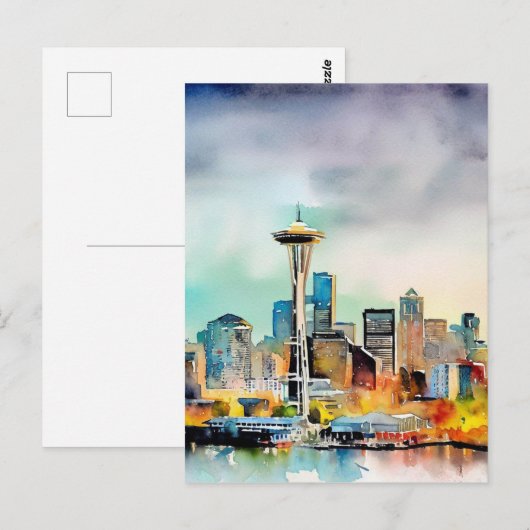 Seattle Washington City Skyline waterverf Briefkaart (Voorkant / Achterkant)
