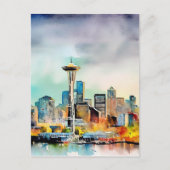 Seattle Washington City Skyline waterverf Briefkaart (Voorkant)