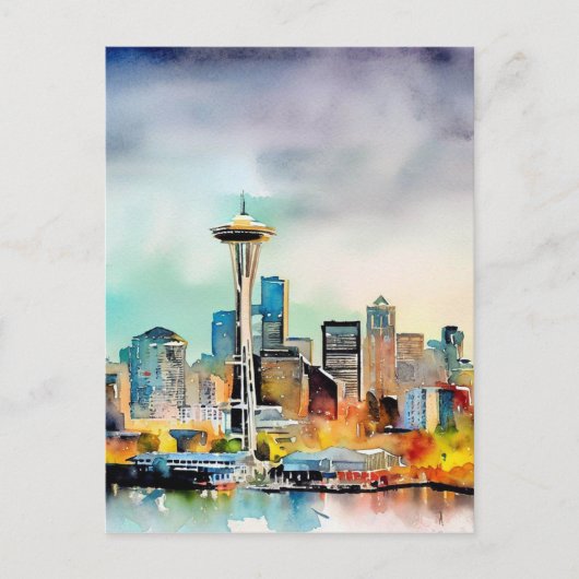 Seattle Washington City Skyline waterverf Briefkaart (Voorkant)