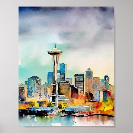 Seattle Washington City Skyline waterverf Poster (Voorkant)