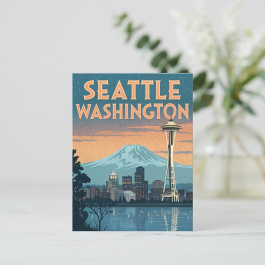 Seattle Washington Retro Skyline Briefkaart (Staand voorkant)
