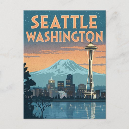 Seattle Washington Retro Skyline Briefkaart (Voorkant)