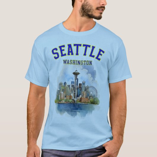 Seattle Washington: Seattle Skyline & Space Needle T-shirt (Voorkant)