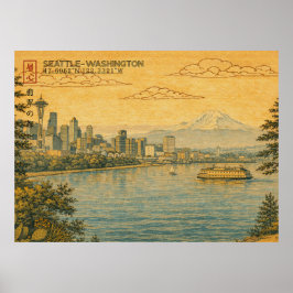 Seattle Washington Silhouette in Japanse Ukiyo-e Poster