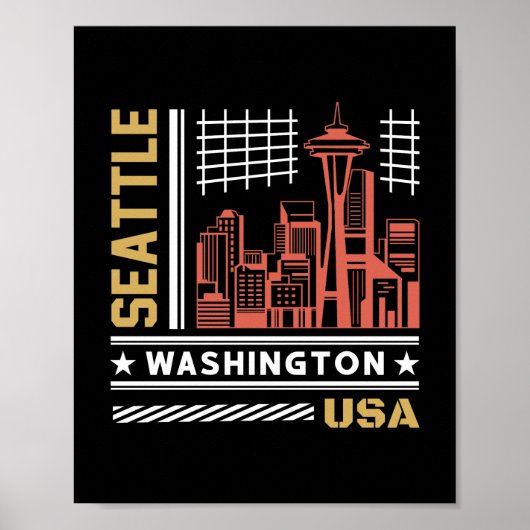 Seattle Washington Silhouette Retro Stedelijk Ontw Poster (Voorkant)