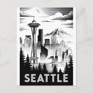 Seattle Washington Silhouette Zwart Wit Houtsnede Feestdagenkaart