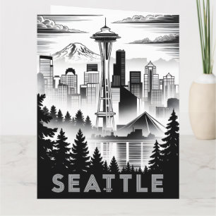 Seattle Washington Silhouette Zwart Wit Houtsnede Kaart