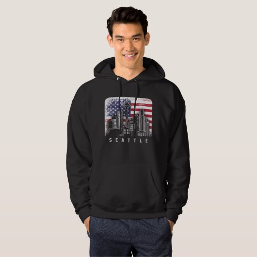 Seattle Washington Skyline  Amerikaanse vlag Hoodie (Voorkant volledig)