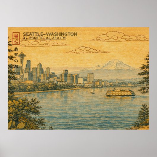 Seattle Washington Skyline in Japanese Ukiyo-e Poster (Voorkant)