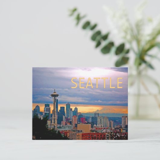 Seattle Washington Skyline op Sunset TEXT SEATTLE Briefkaart (Staand voorkant)