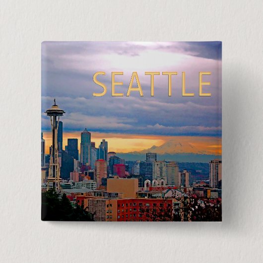 Seattle Washington Skyline op Sunset TEXT SEATTLE Vierkante Button 5,1 Cm (Voorkant)