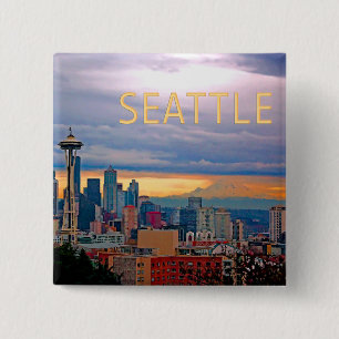 Seattle Washington Skyline op Sunset TEXT SEATTLE Vierkante Button 5,1 Cm