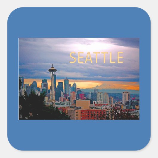 Seattle Washington Skyline op Sunset TEXT SEATTLE Vierkante Sticker (Voorkant)