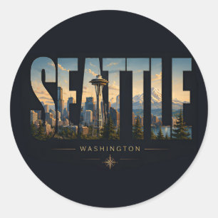 Seattle Washington Space Needle Berg Luchtlijn Ronde Sticker