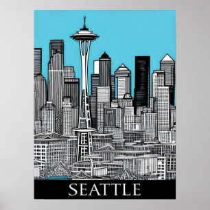 Seattle Washington stadsgezicht in zwart-wit Poster