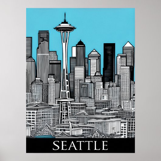 Seattle Washington stadsgezicht in zwart-wit Poster (Voorkant)