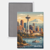 Seattle, Washington Vintage Reis Skyline Magneet (Voorkant / Achterkant)