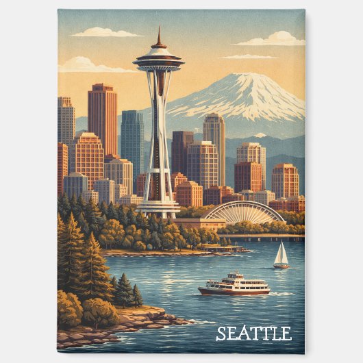Seattle, Washington Vintage Reis Skyline Magneet (Voorkant)