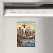 Seattle, Washington Vintage Reis Skyline Magneet (Insitu (Vaatwasser))