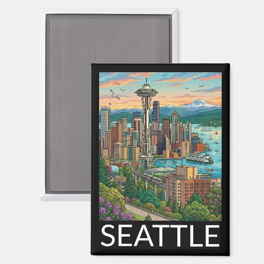 Seattle, Washington Vintage Reis Stadszicht Magneet (Voorkant / Achterkant)