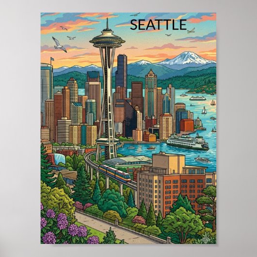 Seattle, Washington Vintage Reis Stadszicht Poster (Voorkant)