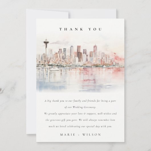 Seattle, Washington Watercolor Landscape Wedding Bedankkaart (Voorkant)