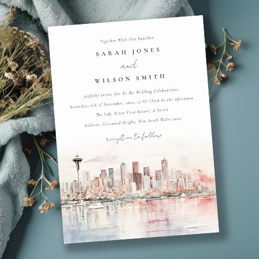 Seattle, Washington Watercolor Landscape Wedding Kaart