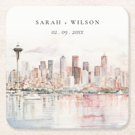 Seattle, Washington Watercolor Landscape Wedding Kartonnen Onderzetters