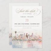 Seattle, Washington Watercolor Landscape Wedding Save The Date (Voorkant / Achterkant)
