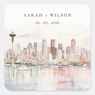 Seattle, Washington Watercolor Landscape Wedding Vierkante Sticker