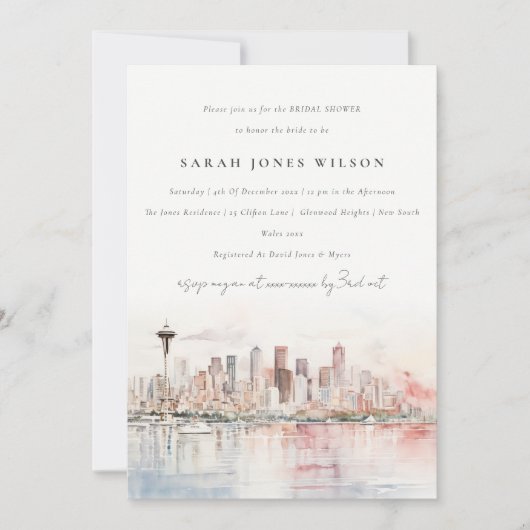 Seattle Washington Watercolor Scape Bridal Shower Kaart (Voorkant)