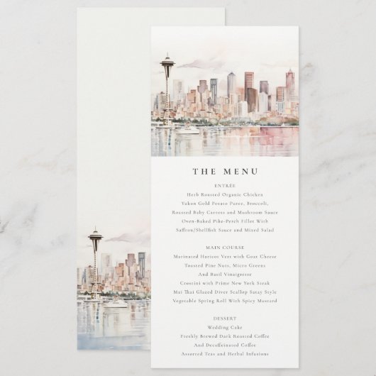 Seattle Washington Watercolor Scape Wedding Menu Kaart (Voorkant / Achterkant)