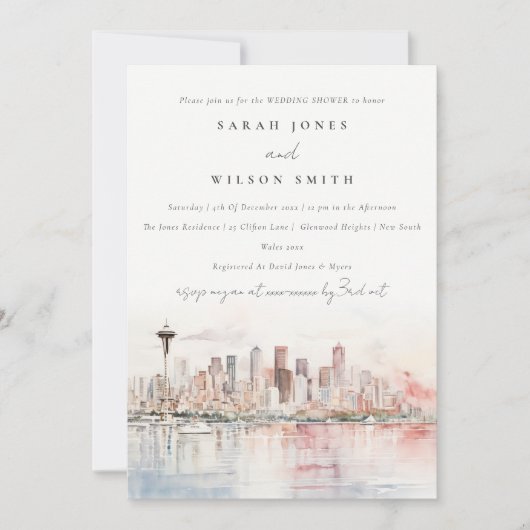 Seattle Washington Watercolor Scape Wedding Shower Kaart (Voorkant)