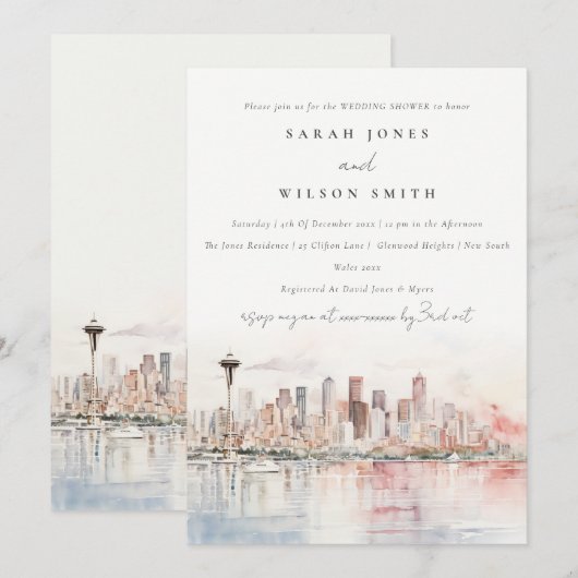 Seattle Washington Watercolor Scape Wedding Shower Kaart (Voorkant / Achterkant)