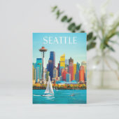 Seattle Waterfront & Space Needle Retro Art Briefkaart (Staand voorkant)