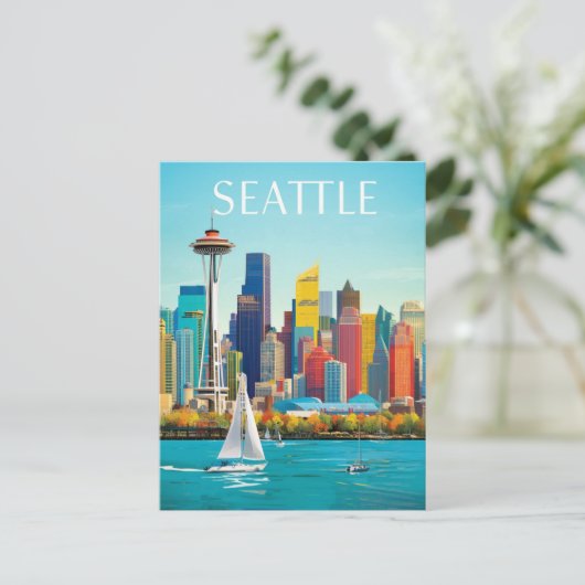 Seattle Waterfront & Space Needle Retro Art Briefkaart (Staand voorkant)