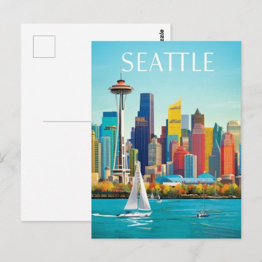 Seattle Waterfront & Space Needle Retro Art Briefkaart (Voorkant / Achterkant)