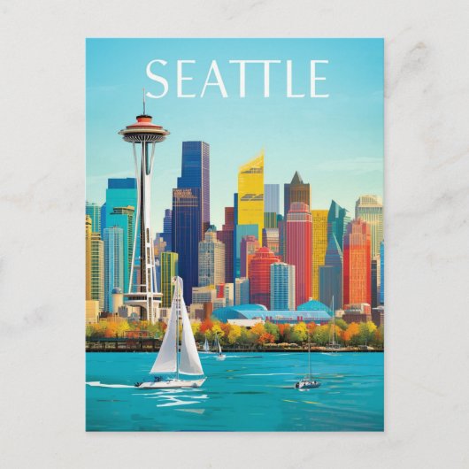 Seattle Waterfront & Space Needle Retro Art Briefkaart (Voorkant)